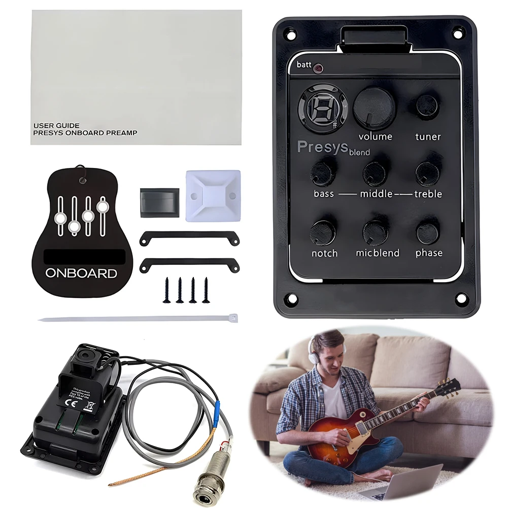 Plástico 301 captador de guitarra eq equalizador com sintonizador presys piezo captador guitarra mistura pré-amplificador guitarra soundhole eq peças acessórios