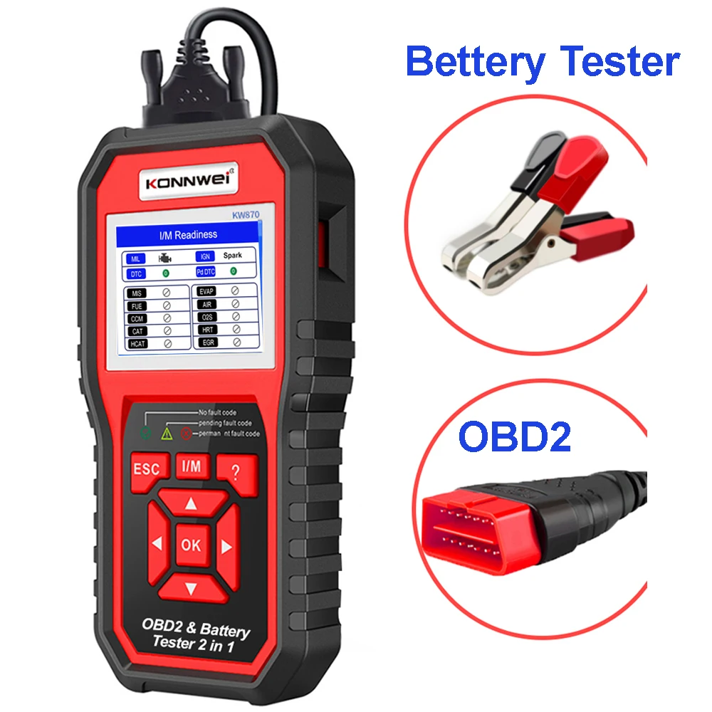 

Сканер OBD2 2025 Тестер батареи 2 в 1 KW870 Автомобильный сканер OBD II Диагностический инструмент Устройство считывания кодов EOBD для всех автомобилей после 1996 года