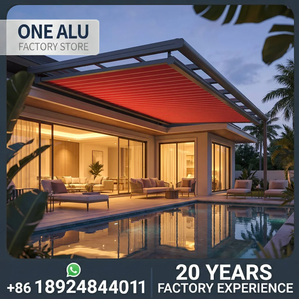 OneAlu Elegant UV Protection Awning: Motorized Retractable Glass Roof Shade for Designer Villa Patios