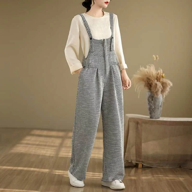 Striped Jumpsuits for Women Korean Style Straight Pants Loose Vintage Playsuits Casual Workwear Trousers Autumn Women Clothes