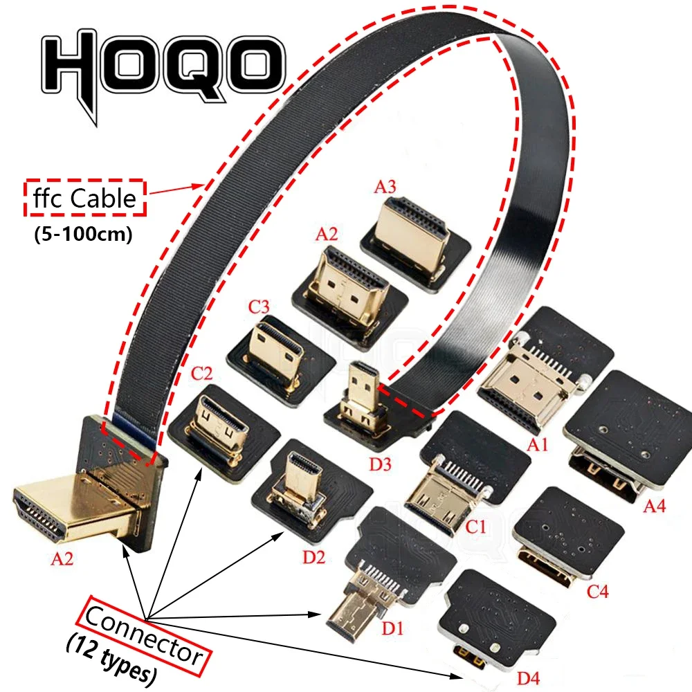 HDMI-compatible FPV HDMI Flat Ribbon Cable UP/Down Angle 90 Degree Flexible 20pin Plug HDMI Raspberry Pi 4