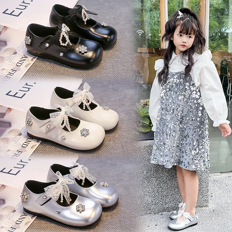 

2025 New Children Elegant Princess PU Leather Sandals Kids Girls Wedding Dress Party Beaded Performance Shoes For Girls 3-12year