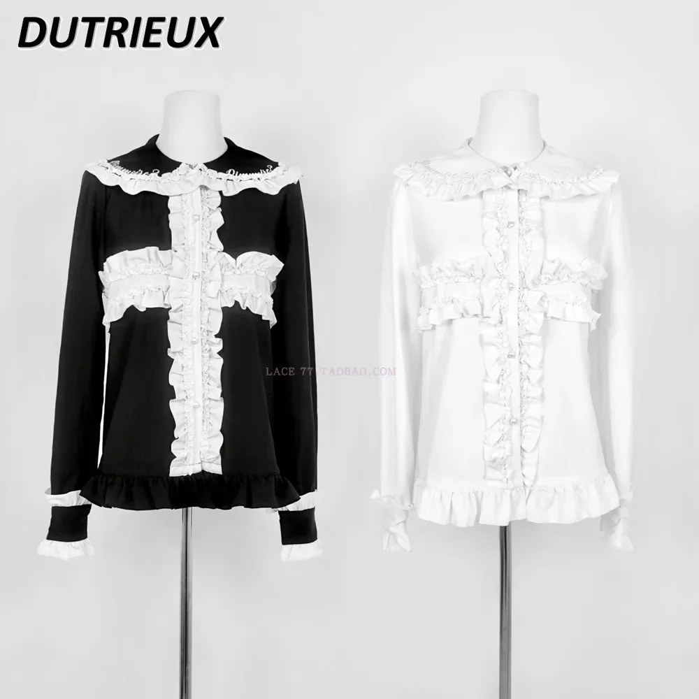 Japanese Mine Sweet Harajuku Style Lacework Big Lapel Long Sleeve Shirt Spring and Autumn New Cute Girl Color Matching Top