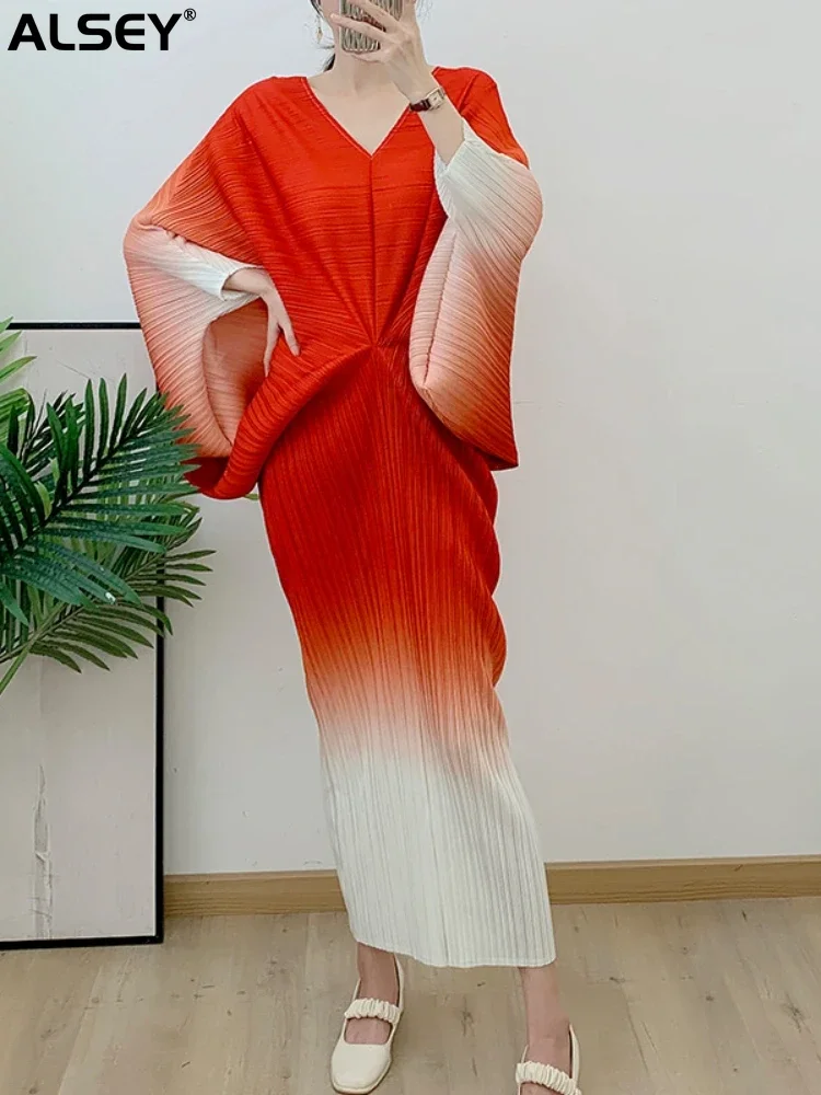 

ALSEY Miyake Women Pleated Maxi Dress Elegant Gradient V-Neck Batwing Sleeves Evening Party Dresses Autumn New Clothing