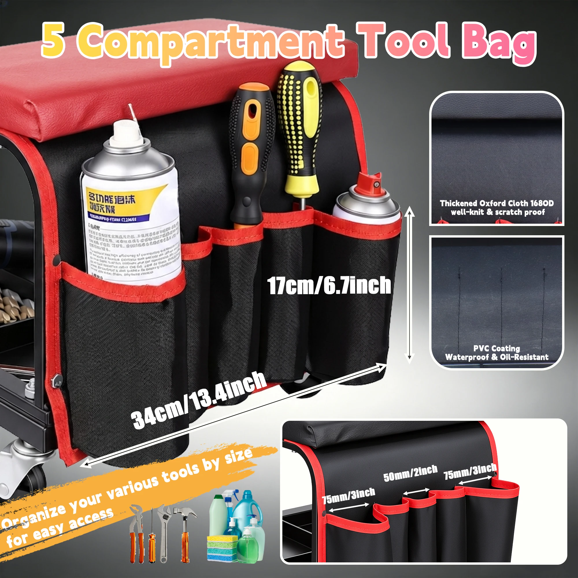 Rolling Mechanic Seat with Onboard Storage for Car Repair, Workshop Rolling Creeper Garage/Shop Seat with Multiple Pockets - Sturdy Base And Tool Storage, Compact And Portable