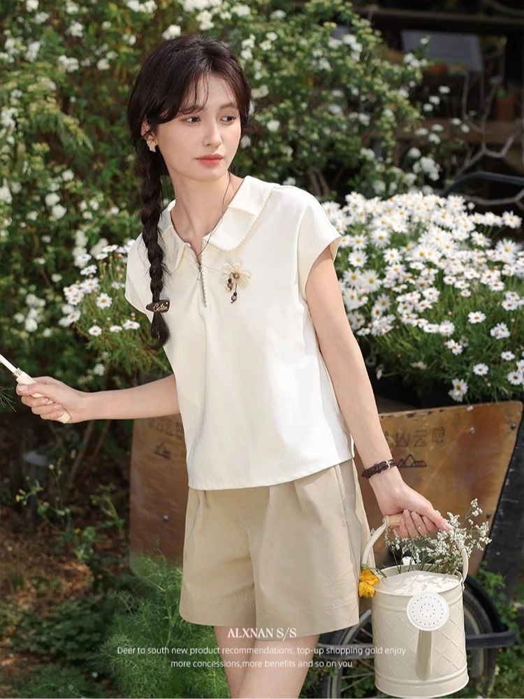 ALXNAN Kaos Kerah Polo Lengan Pendek Katun Kaos Wanita 2025 Elegan Desain Ritsleting Bunga 3D Atasan Kasual Wanita L55210