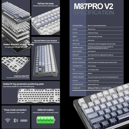 Imagen 2 del producto Teclado mecánico para jugar Attack Shark M87 PRO, inalámbrico, triodo, intercambiable en caliente, interruptor personalizado TKL, 5000mAh, retroiluminado RGB