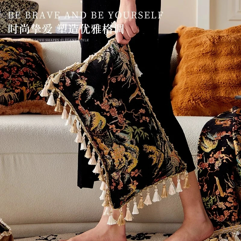 Luxury Living Room Sofa Throw Pillow – Black Back Cushion Chinese Style Long Pillow Cover