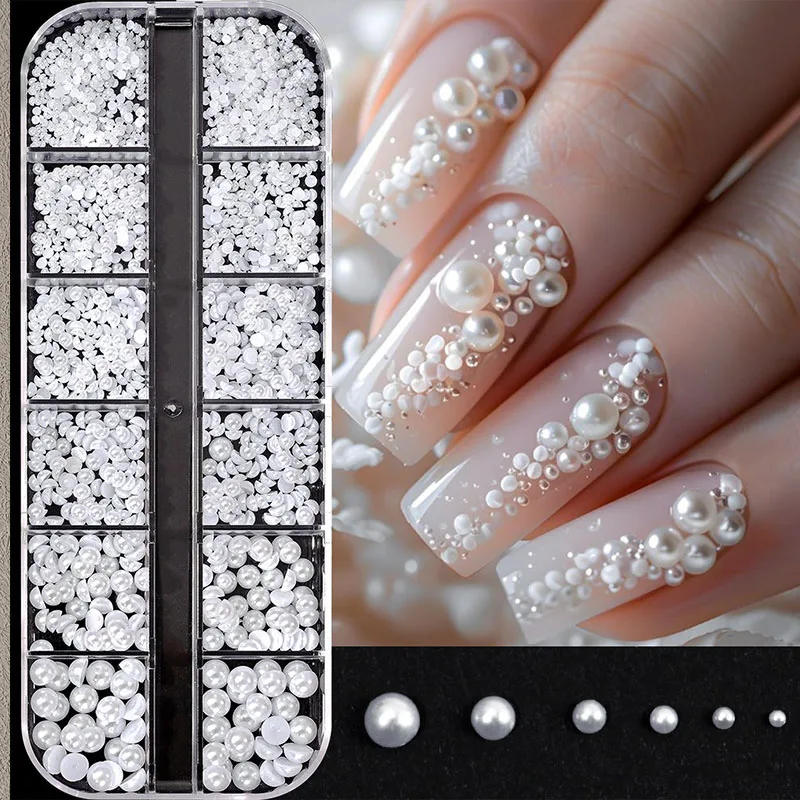 12 Grids Rhinestones for Nails White Half Round Mini Pearl Nail Art Stone Nail Charm Jewel Accessories MJZ03