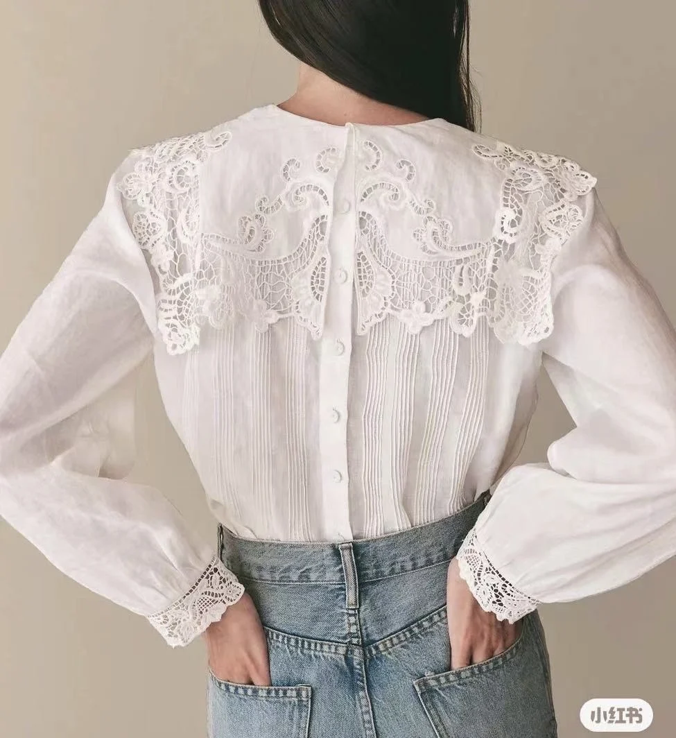 Women Shirt Lace Embroidery Decoration Single Breasted Long Sleeve Blouse