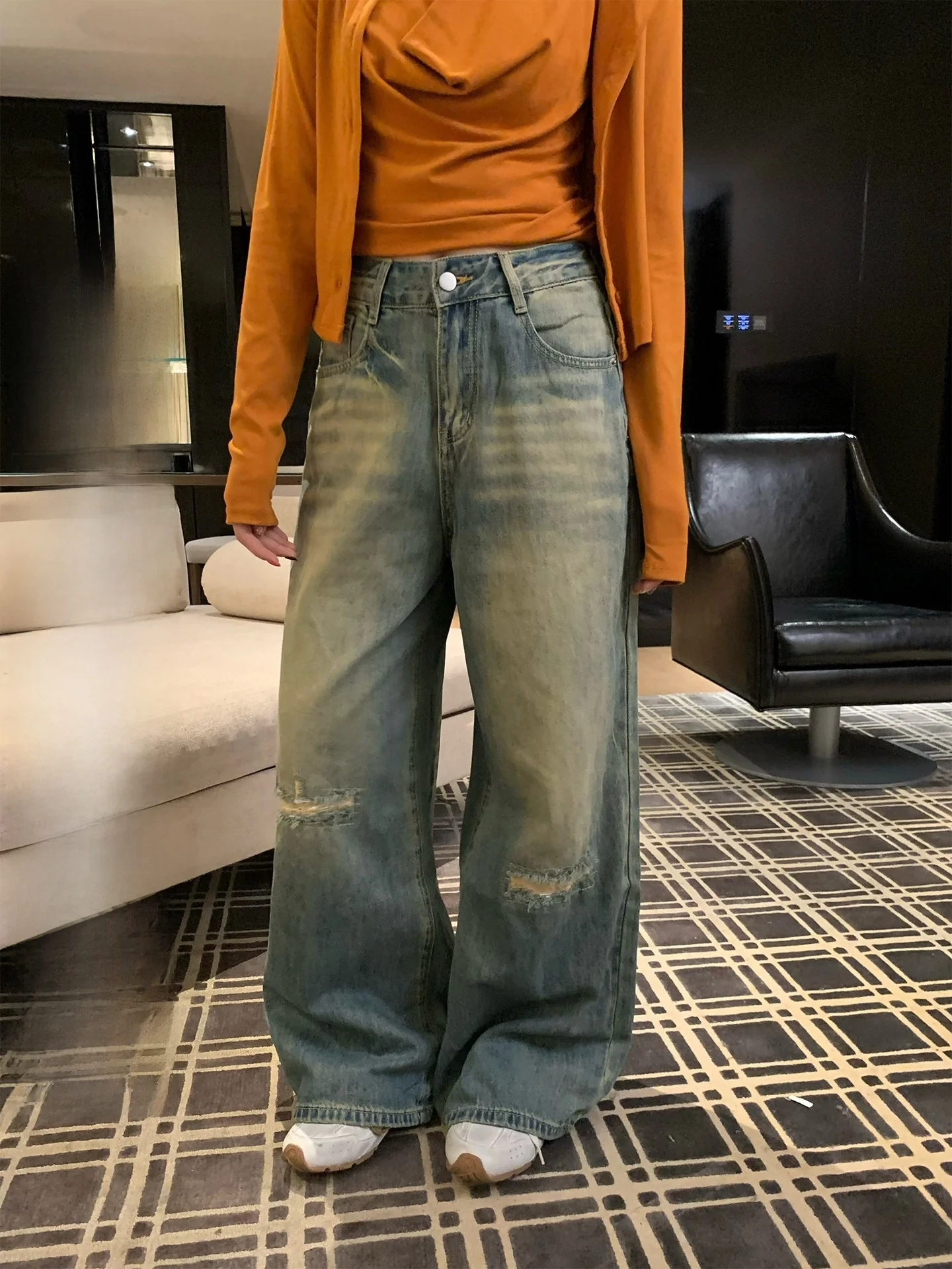 

High Waist Distred Straight Leg Blue Jeans Women's Loose Wide Leg Pants Casual Waed Denim Spring Faion Casual Wear