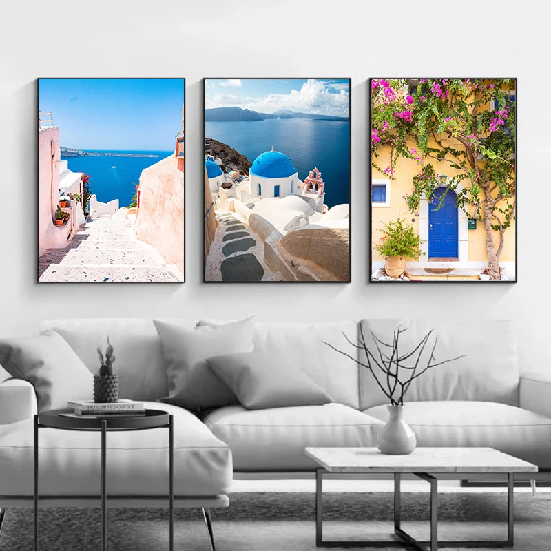 Santorini Greece Island and The Aegean Sea Poster Travel Canvas Painting Landscape Wall Art Picture for Living Room Home Decor