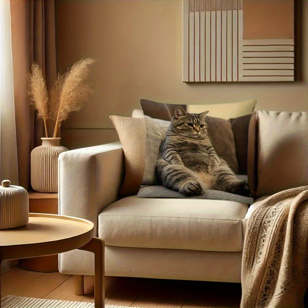 1 Stück großer, flauschiger grauer Tabby-Katzen-Kissenbezug – weicher Polyester-Kissenbezug mit Reißverschluss, realistisches sitzendes Katzen-Design – Detail 5