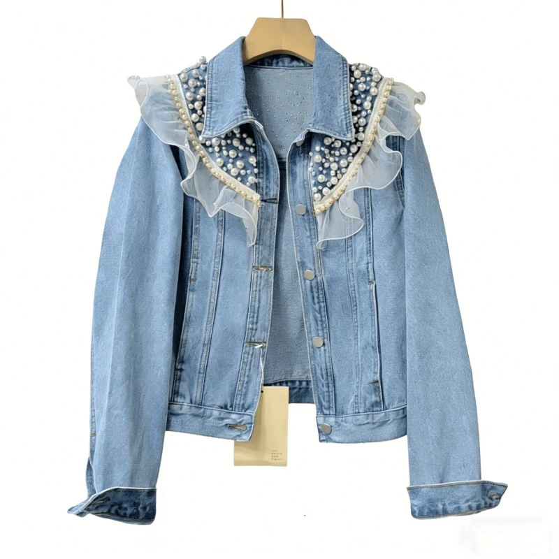 Women Denim Jacket Pearl Ruffled Sailor Collar Long Sleeve Button Up Short Coat Sweet Spring Autumn Outerwear