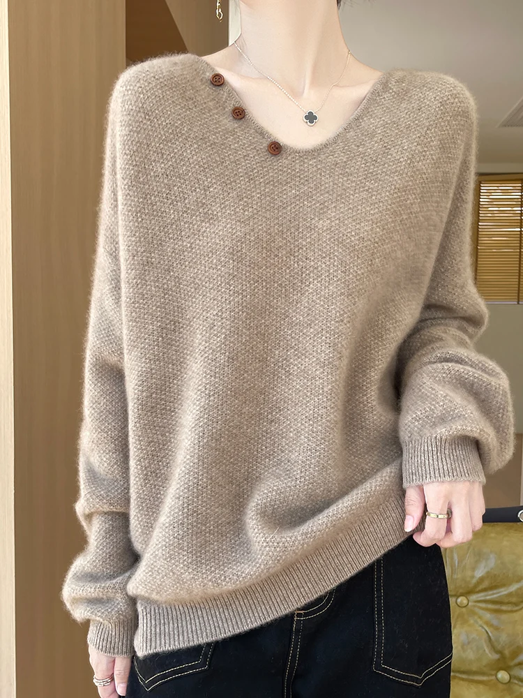 New Chic Women\'s V-neck Pullover Sweater 100% Merino Wool Knitwear Autumn Winter Loose Grace Style Cashmere Sweater Female Cloth