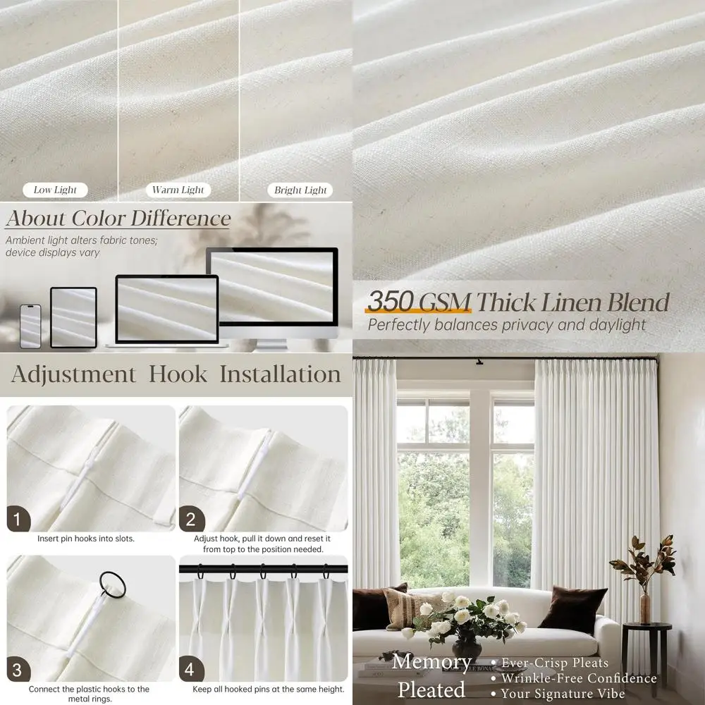 

Cream Ivory 108 Flax Pleated Linen Curtains with Memory Light Filtering, Pleated Hooks for Track System, Semi-Sheer Living Room