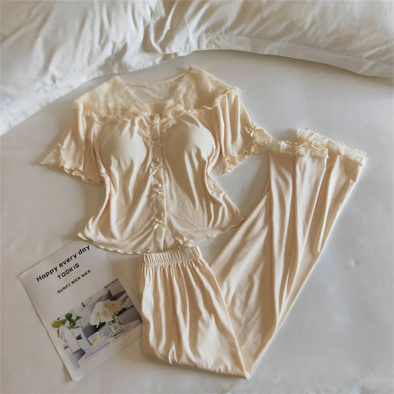 New Two-Piece Women's Pajamas Summer Short Sleeve Pyjamas Nightwear Woman Sleeping Clothes Lace Room Wear Ladies Pijama
