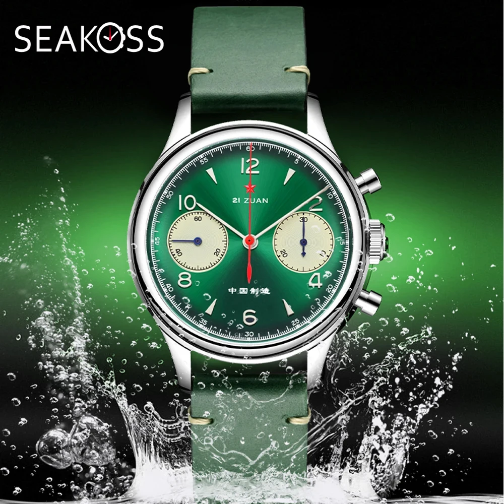 

SEAKOSS Мужские механические наручные часы с хронографом 1963 года, 38 мм, сапфировые водонепроницаемые часы-пилот, часы Seagull ST1901, часы с лебединым вырезом