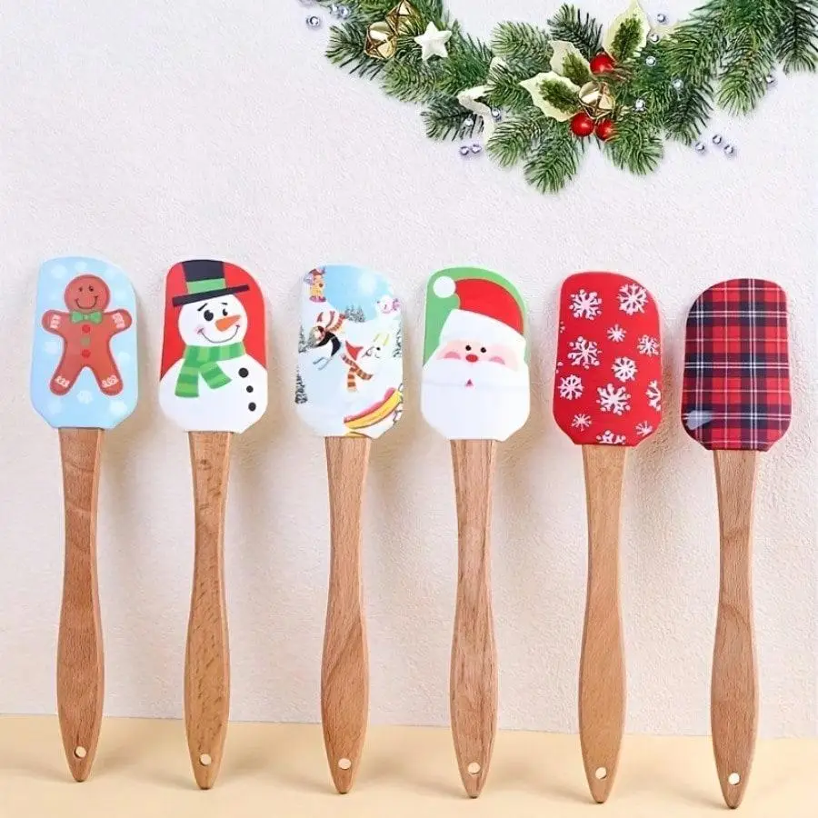 Christmas Silicone Spatula Set Wooden Handle Snowflake Snowman Gingerbread Santa Reindeer Butter Cream Cake Mixing Baking Gift