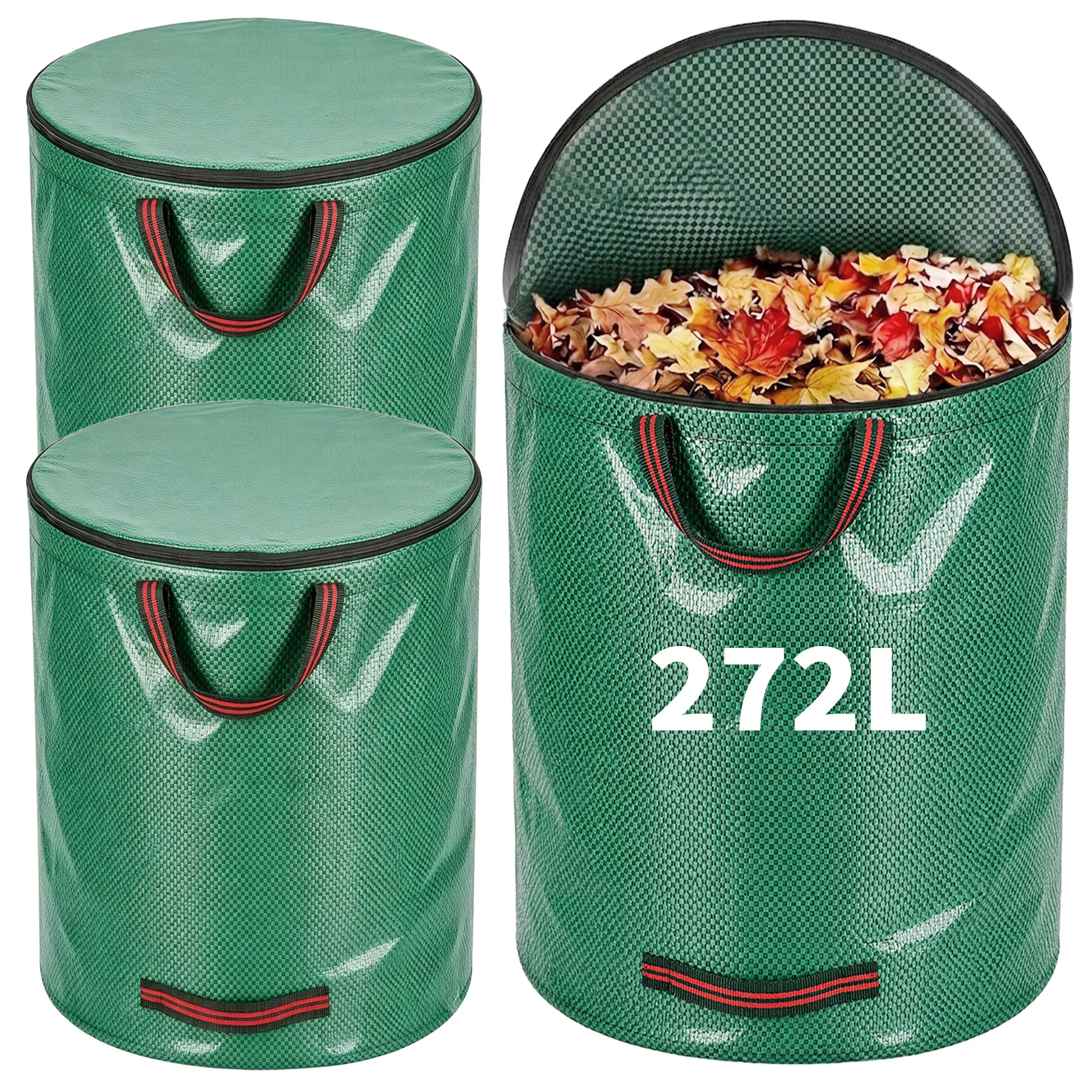 Robuste PP-Gartenabfallbeutel 3x272L – wiederverwendbare Gartenabfallbeutel mit Industriestoff und Griffen für die Pflanzen- und Blattsammlung