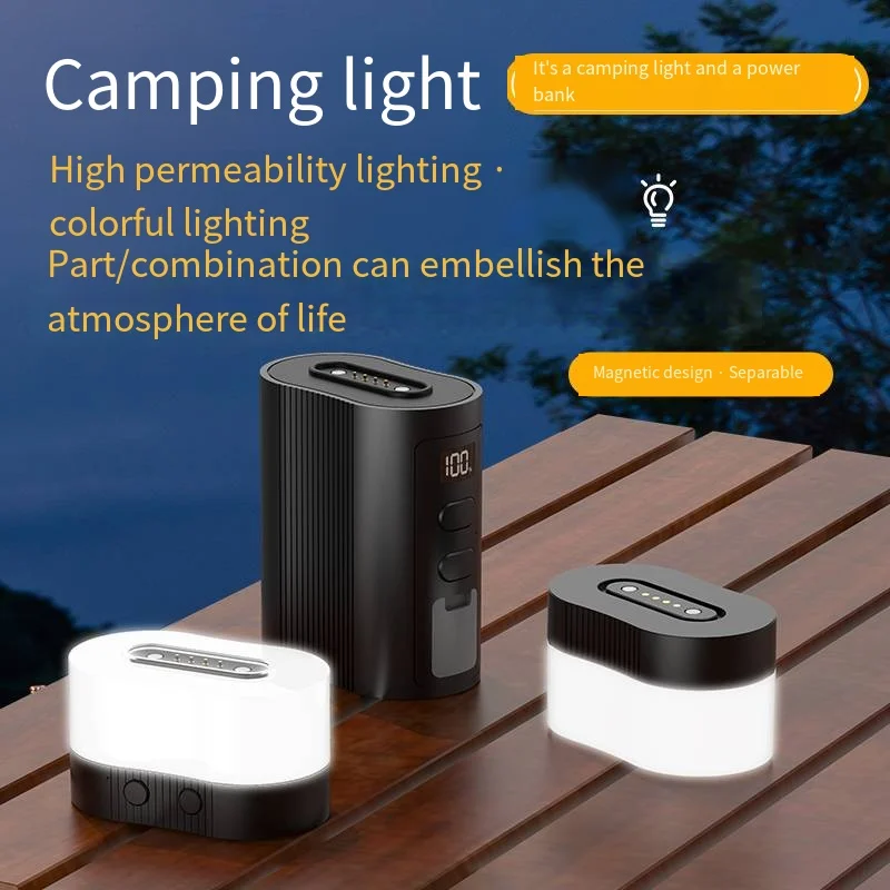 Luce da campeggio magnetica staccabile 2 in 1 e Power Bank da 6000 mAh - Modalità di illuminazione divisa/combinata RGB, Lanterna LED portatile con display digitale per accessori per zaino da escursionismo da campeggio all'aperto