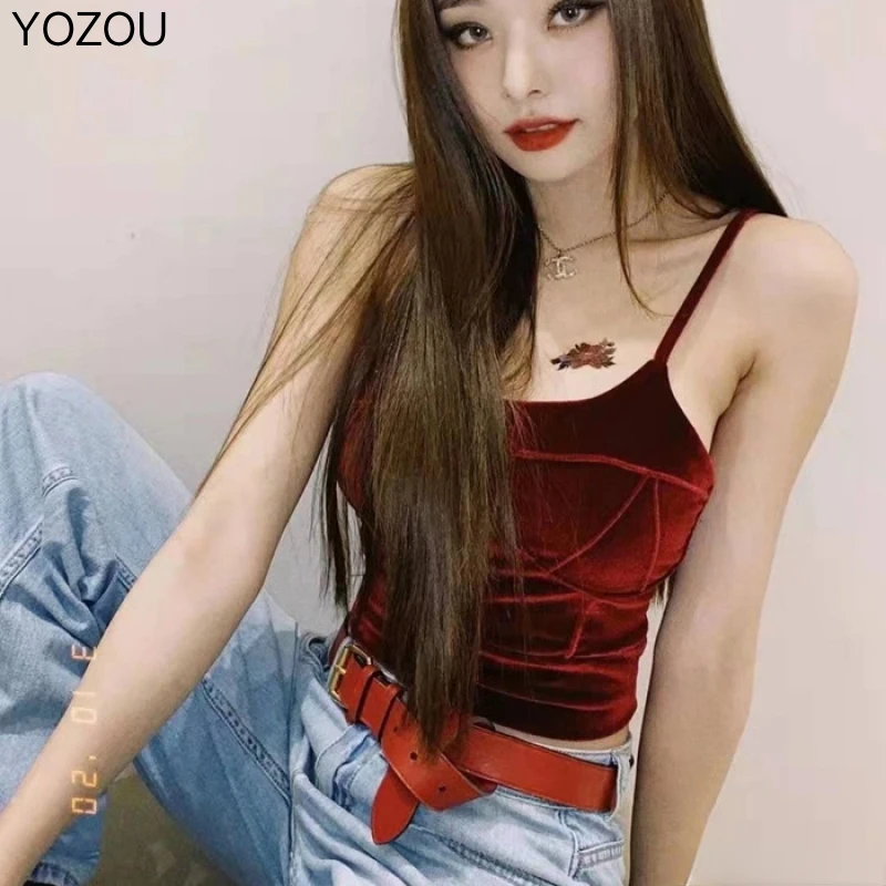 YOZOU 2022 Summer Velvet Crop Cami Top Kpop Pink Black Green Red Freezia Outfits Basic Tube Tops Women Alt Fairycore Rave Y2k