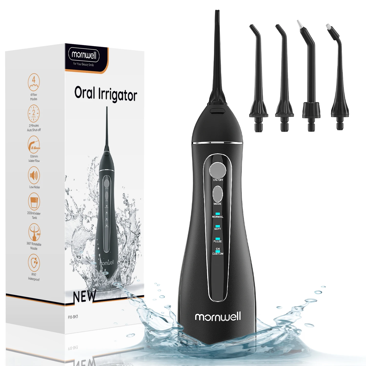 

Mornwell Portable Oral Irrigator F18 Water Flosser USB Rechargeable 4 Nozzles Dental Water Jet 200ml Water Tank Waterproof