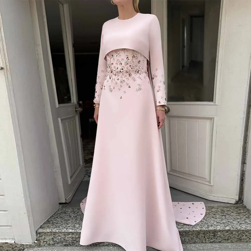 Exquisite Mother of the Bride Dresses Crepe Fabric A-line Wedding Party Dresses Pink O-Neck Sequined Tailing Wedding Dress Long