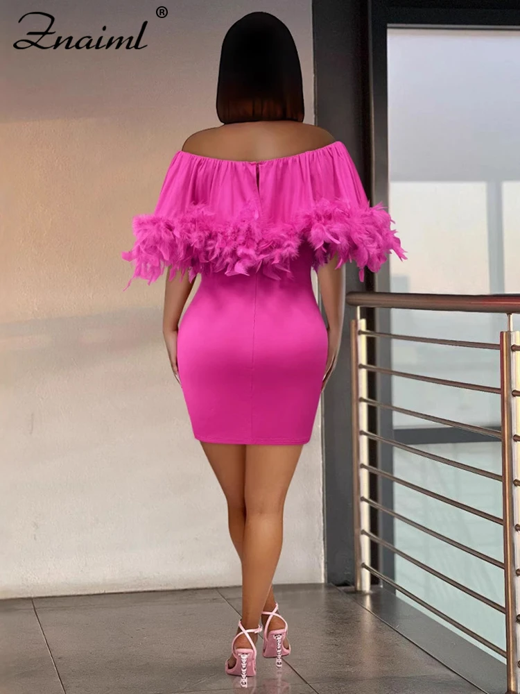 Znaiml Women Sexy Off Shoulder Feather Pink Mini Bodycon Dress Elegant Birthday Evening Night Club Party Prom Female Vestidos — zdjęcie 4