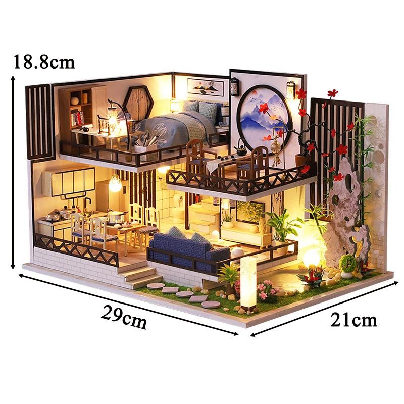 DIY Holz Miniatur Bausätze Japanische Loft Casa Puppenhäuser mit Möbel Lichtern Puppenhäuser für Freunde Geburtstagsgeschenke