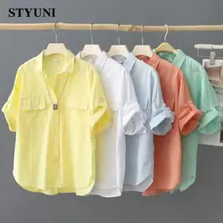 Cotton Solid Casual Polo-Neck Single Breasted Short Sleeve Women's Blouse Shirt Korean Fashion Female Blouses Tops 2024 Summer