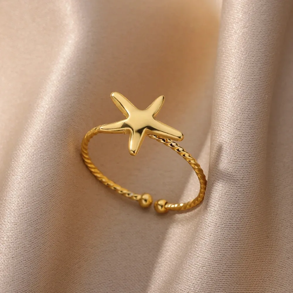 Anel de Aço Inoxidável Banhado a Ouro 18K Coleção Oceano Estrela-do-mar e Concha Joia de Moda Versátil Presente Feminino para Verão e Praia