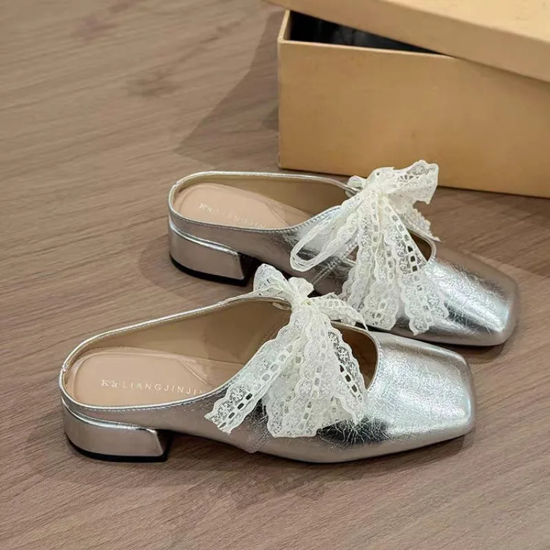 New Luxury Bow Lace Decorated Women's Slippers 2025 Designer Bow Hollowed-out Fashionable Casual Soft-soled Women's Mules