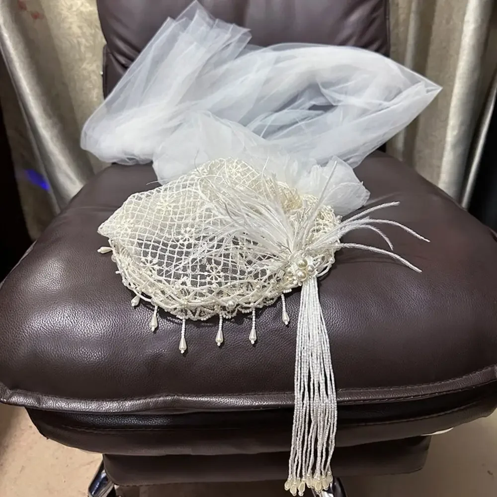 2026 New Design with Feather Tassel Wedding Veil French Style Retro Bridal Lace Bow Ribbon Headband Ivory Wedding Headband