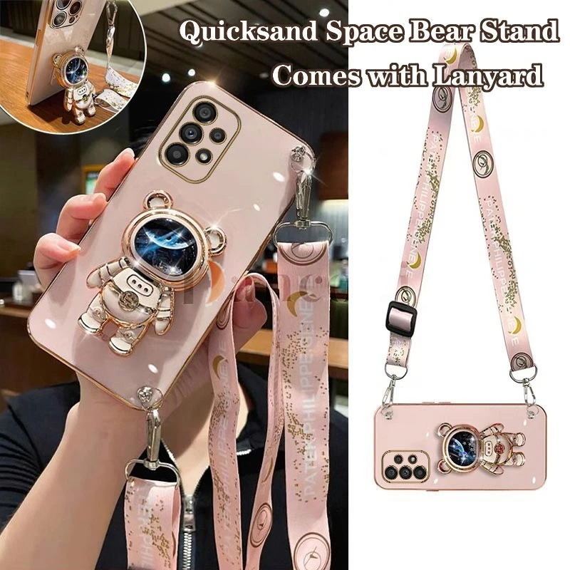 Quicksand Astronaut Lanyard Plating Phone Holder Case For Samsung Galaxy A53 A54 A52 A52S A34 A24 A73 A51 A71 A72 A23 A21S Cover