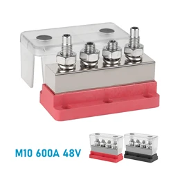 12-48V 600A M10 Marine Battery Bus Bar Heavy Duty Power Distribution Terminal Block with Waterproof Cover Black & Red For Truck