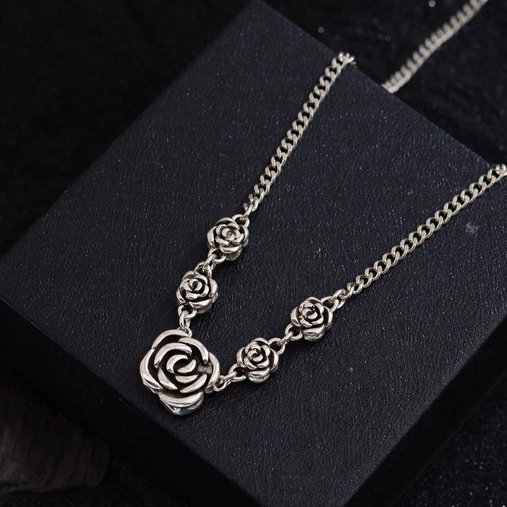 OUYADI 925 Sterling Silver Vintage Oxidized Heavy Rose Necklace Women Retro Floral Fine Jewelry Gift