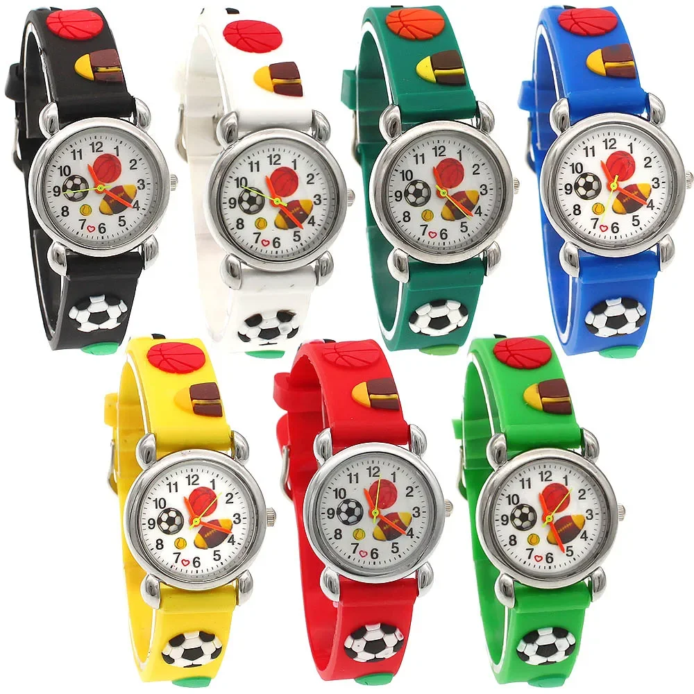 7Pcs Cartoon Football Children's Watch Set Silicone Strap Kids Quartz Wristwatches for Boys and Girls