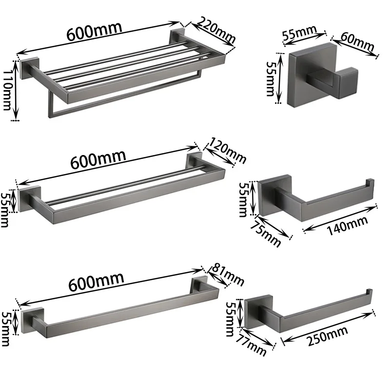 Herrajes de baño de acero inoxidable Gunmetal, toallero, soporte de papel higiénico, cepillo de inodoro, gancho para bata, soporte de barra de