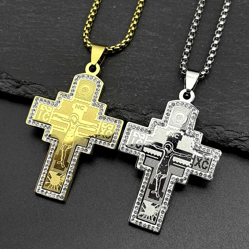 

Orthodox Jesus Crucifix Cross Pendant Necklace for Women Men Gold Color Stainless Steel Rhinestones Baptism Chain Jewelry Gift