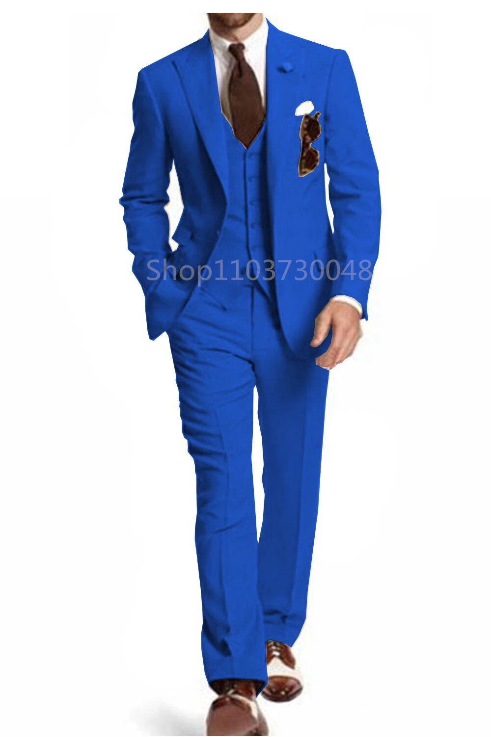 

Blue Men Suit Slim Fit 3 Pieces Groom Tuxedos Casual Groomsmen Wedding Party Suits Peak Lapel Jacket Vest Pants Trajes De Hombre