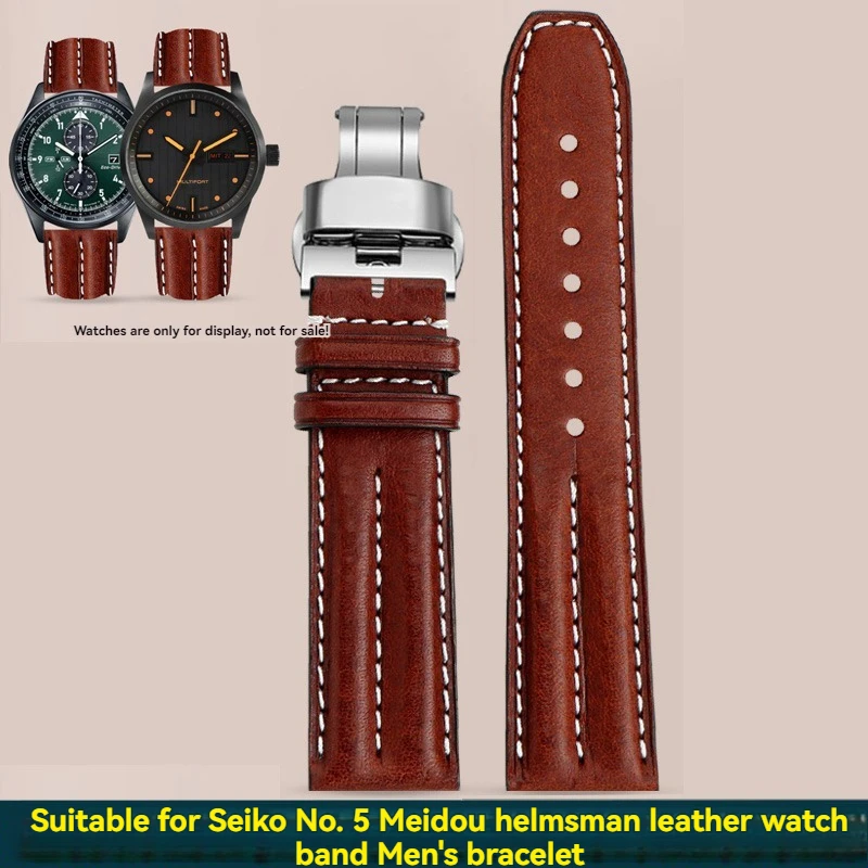 22mm full grain cow leather brown white line soft strap men's waterproof sweatproof watchband bracelet For Seiko 5 Mido Hamilton