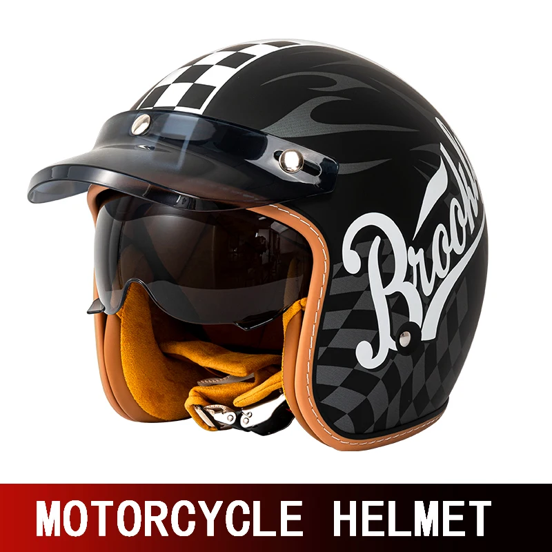 New Retro Cruise Motorcycle Helmet for Men and Women Yellow Three-Quarters Helmet 3/4 Motorcycle Half Helmet with Sun-Shading Wi
