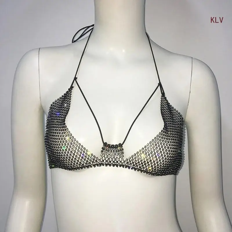 

Women Rhinestones Mesh Halter Bras Sexy Hollowed Out V Neck Backless Camisole Party Body Jewelry Crop Top