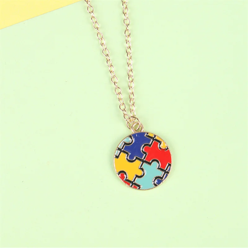 XEDZ Colorful Puzzle Necklace Women Heart Shape Round Square Enamel Pendant Necklace Autism Awareness Fashion Jewelry Gift