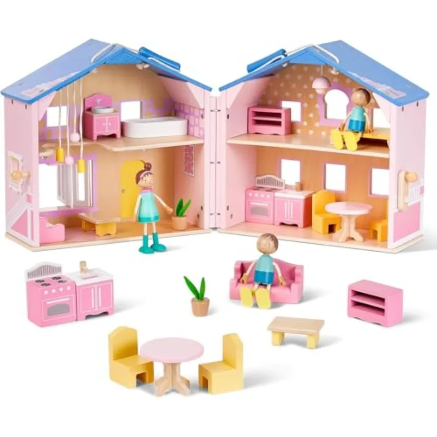 

Exquisite Pink Wooden Dollhouse for Girls: Foldable Portable Pretend Play House with 2 Dolls 12pcs Furniture, Christmas Birthda