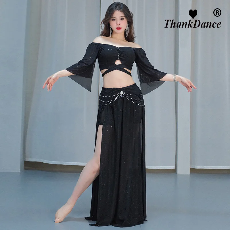 Ensemble d'entraînement de danse du ventre pour femmes, 2 pièces, haut et jupe fendue élégante, Costume d'entraînement pour dames, ensemble de costumes de spectacle de danse du ventre