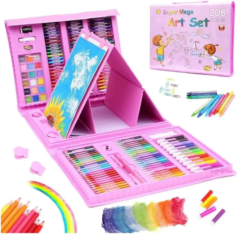 Larger Size Art Supplies Box, 208-Piece Drawing Art Kit, Gifts Art Set Case With Double Sided Trifold Easel, Includes Oil Pastels, Crayons, Colored Pencils, Watercolor Cakes