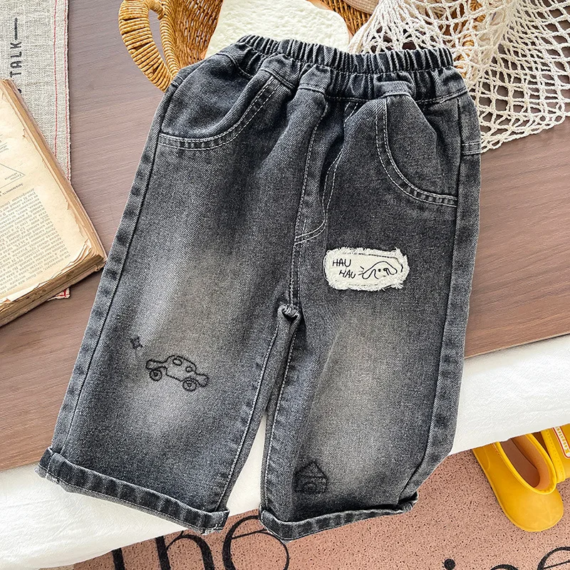 Children Sticker Dog Jeans Boys Pants Spring Autumn Style Super Soft Loose Casual Trousers Handsome Versatile Cartoon Baby Pants