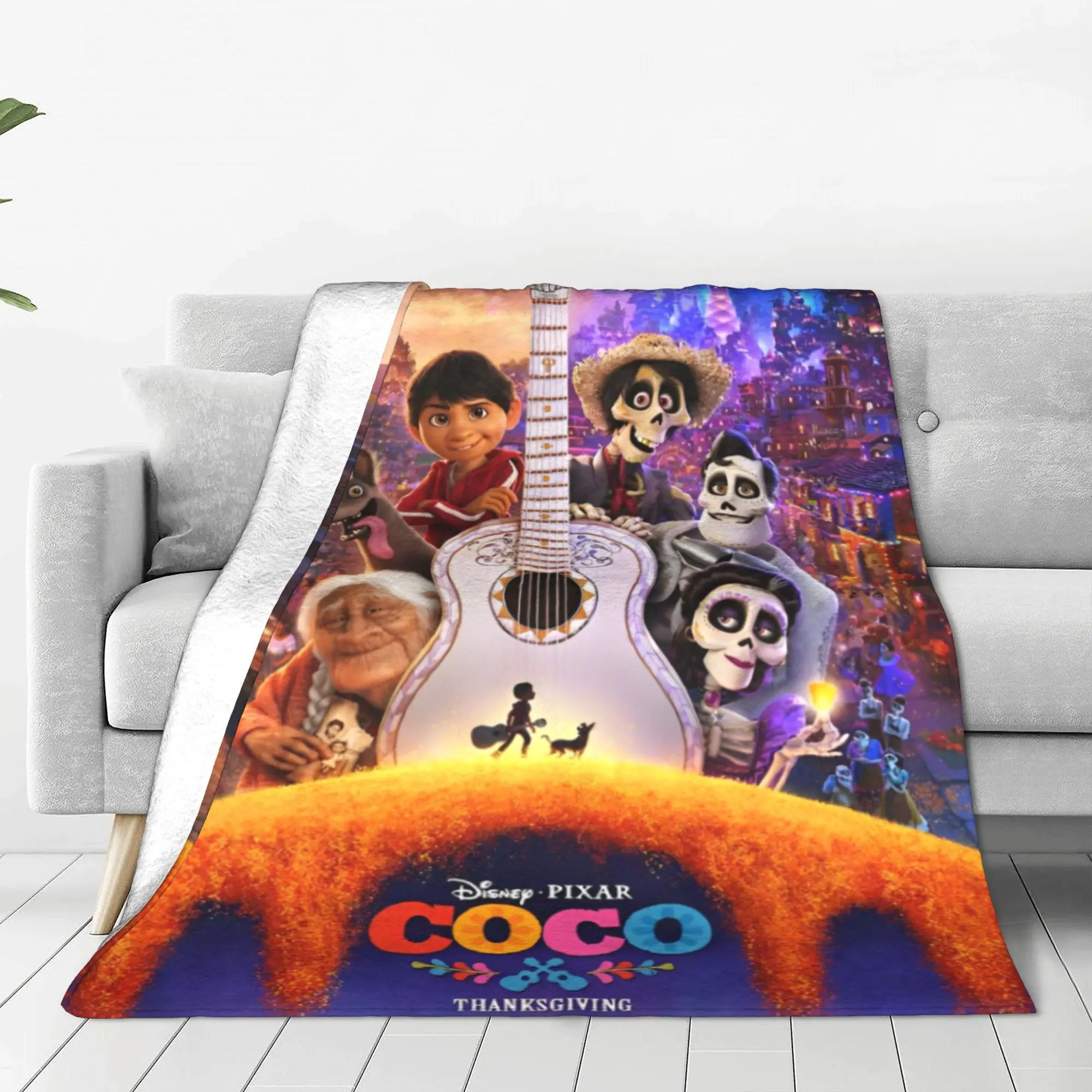 C-Coco Day of The Dead Cartoon Velvet Throw Blankets Guitar Thankgiving Blanket Sofa Bed Lightweight Thin Quilt Multifunction